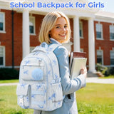 WOBAGMEN Cute Bow Backpack for Teen Girls, Large Capacity Multi-Pocket School Bag Fits 15.6" Laptop, Lightweight Durable Daypack for School and Travel (Blue Bow, M)