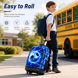 KLFVB Rolling Backpack for Boys and Mens, 3PCS Roller Bookbag with Lunch Bag for Kids, Wheeled School Bag for Children - Lightning Soccer