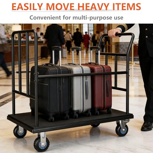 YOHKOH Luggage Cart with Wheels, Hotel Luggage Trolley with Side Elastic Rope & Protective Rails, 5” Quiet Wheels with Brakes, Heavy-Duty Bellman Cart 42.51" W x 25.19" D x 34.25" H Holds 850 lbs