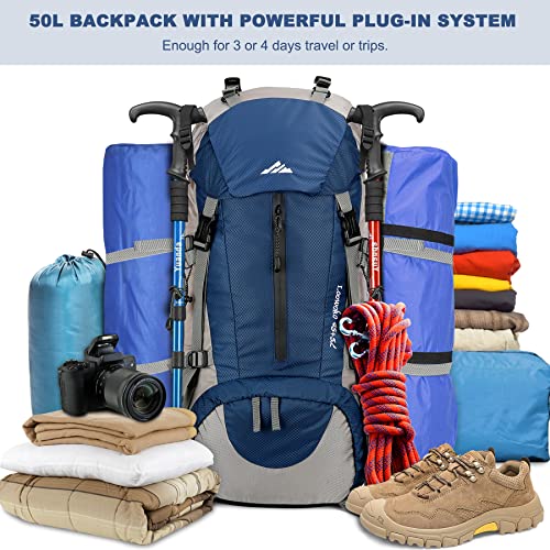 Loowoko 50L Hiking Backpack, Waterproof Camping Essentials Bag with Rain Cover, 45+5 Liter Lightweight Backpacking Back Pack