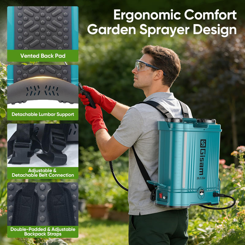 5.3Gal Battery Powered Backpack Sprayer, 120PSI Adjustable Pressure Electric Sprayer, Dual Batteries, Telescopic Wand & Corrosion - Resistant Wand, 5 Nozzles Sprayer for Planting Lawn Yard Garden