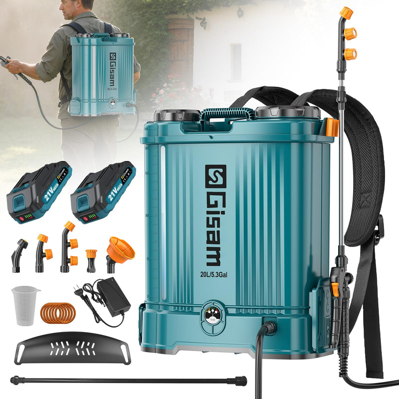 5.3Gal Battery Powered Backpack Sprayer, 120PSI Adjustable Pressure Electric Sprayer, Dual Batteries, Telescopic Wand & Corrosion - Resistant Wand, 5 Nozzles Sprayer for Planting Lawn Yard Garden