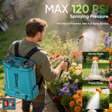 5.3Gal Battery Powered Backpack Sprayer, 120PSI Adjustable Pressure Electric Sprayer, Dual Batteries, Telescopic Wand & Corrosion - Resistant Wand, 5 Nozzles Sprayer for Planting Lawn Yard Garden