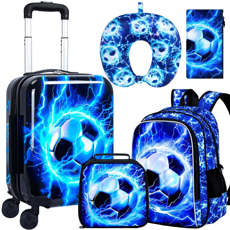 5PCS Boys Luggage Set, Airline - Approved Carry - On with 360° Spinner Wheels, Cute Travel Suitcase for Kids & Toddlers - Lightning Soccer Blue