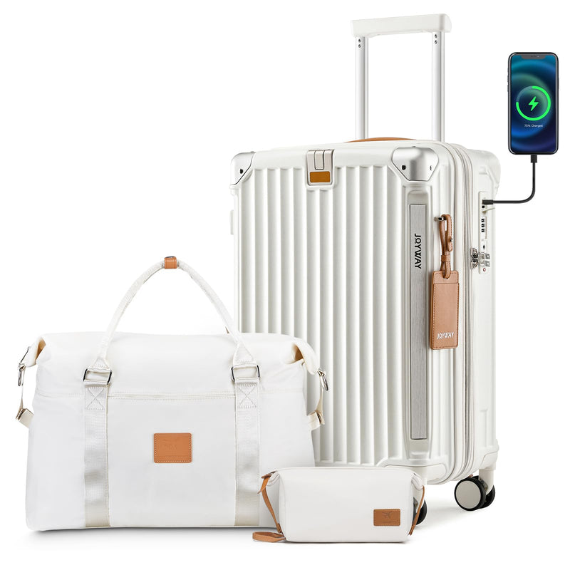 Joyway 20in Carry On Luggage with Cup Holder and USB Port, 25% Expandable Capacity, Smart Suitcase with Anti Slip Wheels and Handbag, Perfect for Men and Women 3 Piece Set White