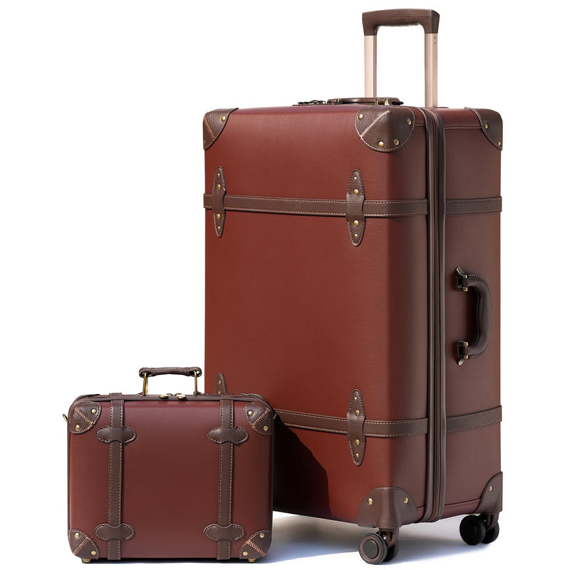 NZBZ Vintage Luggage Sets of 2, Vintage Suitcase Set for Women and Men, Cute Retro Luggage Sets Vintage Handmade Zipper Retro Trunk Luggage (Caramel Brown, 14inch & 28inch)