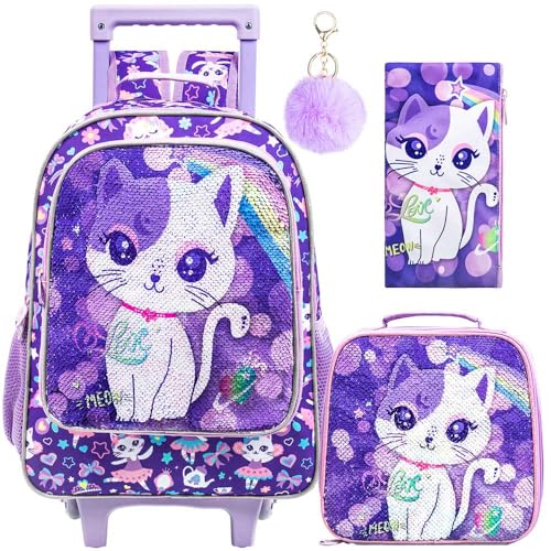 KLFVB Kids Rolling Backpack for Girls, Roller Wheels School Bag with Lunch Bag, Wheeled Sequins School Bookbag for Children - Cat | Backpacks4Less