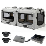 Petseek Extra Large Cat Carrier Soft Sided, Portable Small Dog Carrier for 2 Cats, 24"x16.5"x16" Car Travel Folding Comfortable Design with Litter Box and Bowls, Grey-2+ Litter Box+ Bowl*2
