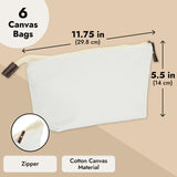 Juvale Canvas Makeup Bag - 6 Pack, 11.75 x 5.5 In, White Cotton - Travel Cosmetic & Toiletry Pouches with Zipper - Blank DIY Canvas Pouches for Crafting & Bridesmaid Gifts