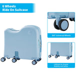 TABU Ride-on Luggage with Portable Bag for Kids，Hardshell Carry On Suitcase with Hidden Cup Holder, Foldable Pedal,Type-C & USB Interface, TSA Lock, 6-Spinner Wheels, Blue