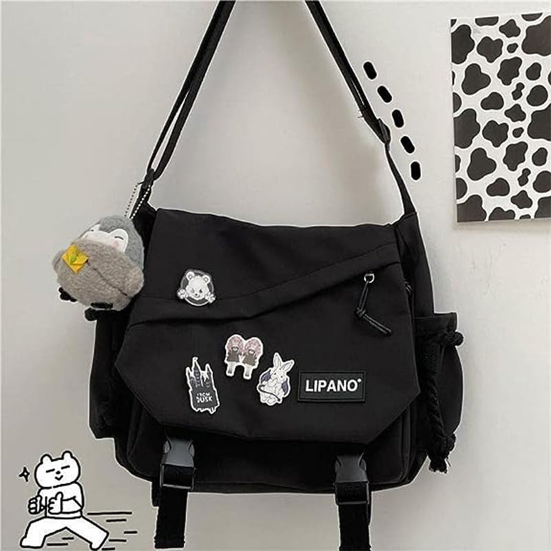 Inshere Aesthetic Crossbody Bag with Cute Pins and Ornament, Casual Shoulder Messenger Bag Japanese Kawaii Bag for Women Men (Black)