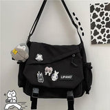 Inshere Aesthetic Crossbody Bag with Cute Pins and Ornament, Casual Shoulder Messenger Bag Japanese Kawaii Bag for Women Men (Black)