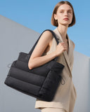 LOVEVOOK Tote Bag for Women with Giant Tumbler Holder Pocket, Puffer Work Travel Handbag with Zipper for Nurse Teacher, Quilted Cute Laptop Shoulder Purse with Compartments for Office Gym, Black
