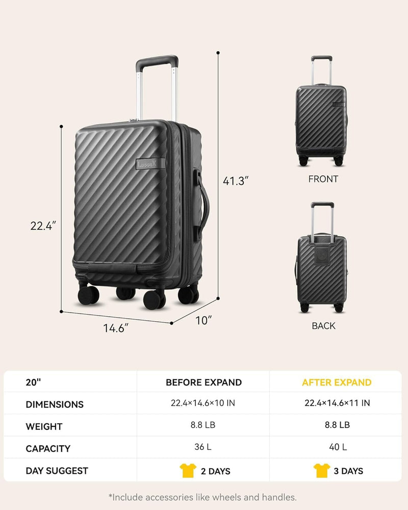 Carry On Luggage with Front Compartment and Cup Holder, KVF Expandable PC Hard Shell Suitcase with Front Pocket (FX-Plus, Gunmetal, 2-Piece (20/Tote))