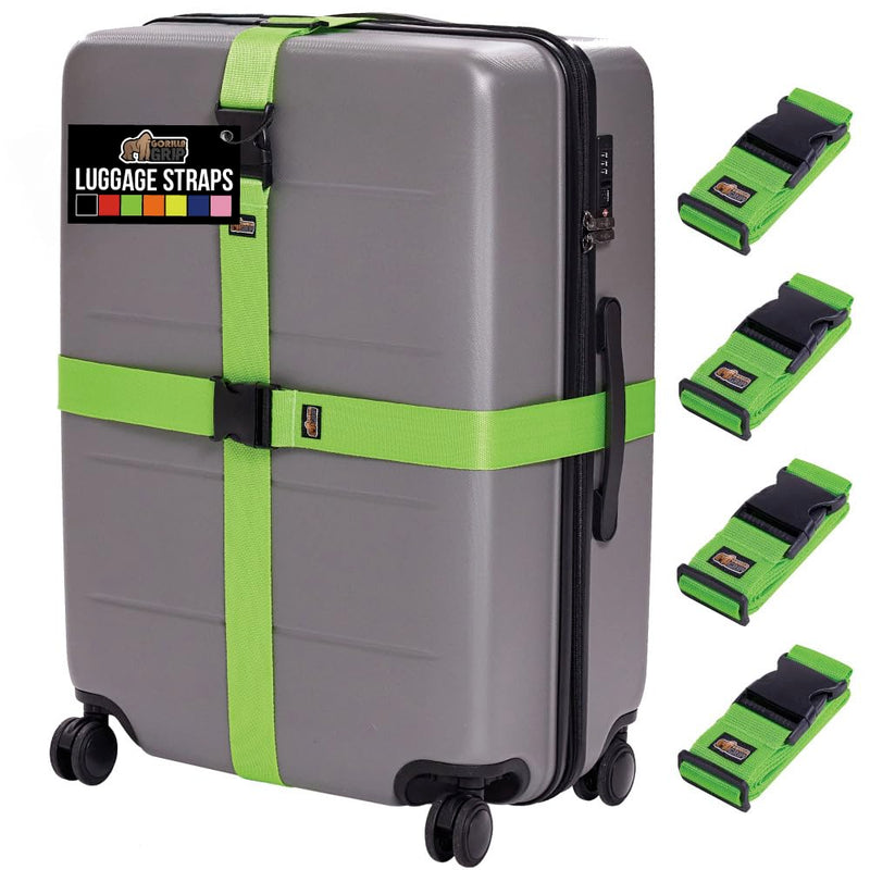 GORILLA GRIP Heavy Duty 4 Pack Adjustable Luggage Straps for Suitcases, Easy to Identify Travel Belt Connector Holds Suitcase Together, Extends Life of Bag, Strap Connects Two Bags, Accessories Green