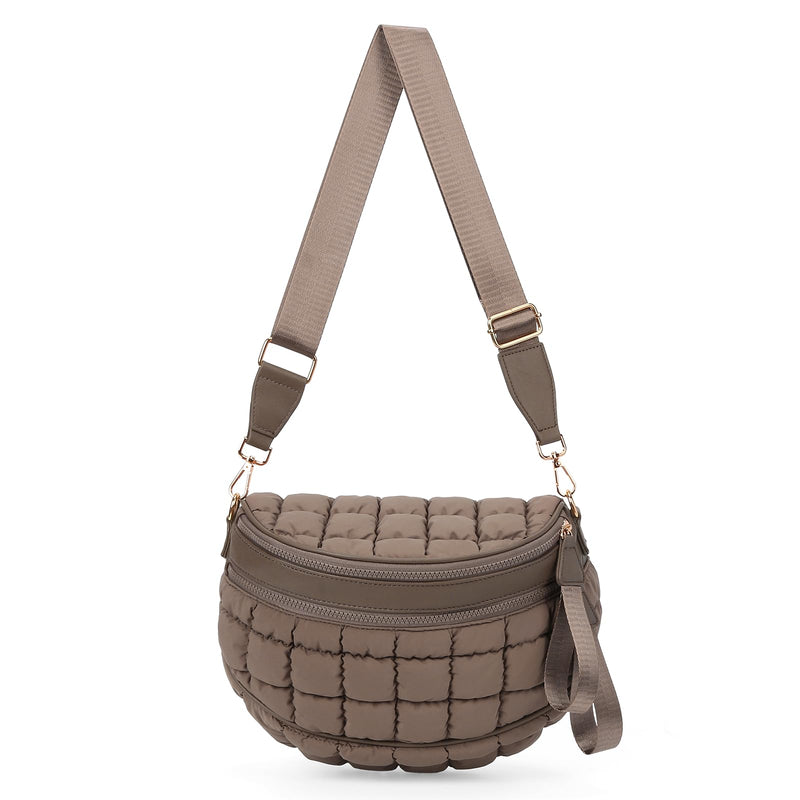 Duyijiff Puffer Crossbody Bum Bag Quilted Cherecked Cross Body Bumbags for Women Oversized Fanny Pack for Daily Use (Coffee)