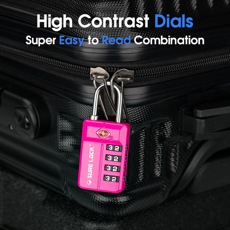 SURE LOCK TSA Approved 4-Digit Resettable Combination Luggage Locks with Open Alert, Easy-Read Dials - for Luggage, School Lockers, Gym, Office, Toolbox & Security Cases (Pink 2 Pack)