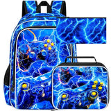 ZLYERT 3Pcs Gamer Backpack for Boy, 17" Lightning School Bookbag for Elementary Preschool Kindergarten, Kids School Thunder Backpacks with Lunch Box (Blue)