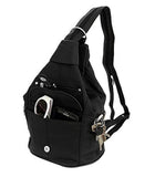 Womens Leather Convertible 7 Pocket Medium Size Tear Drop Sling Backpack Purse Shoulder Bag, Black