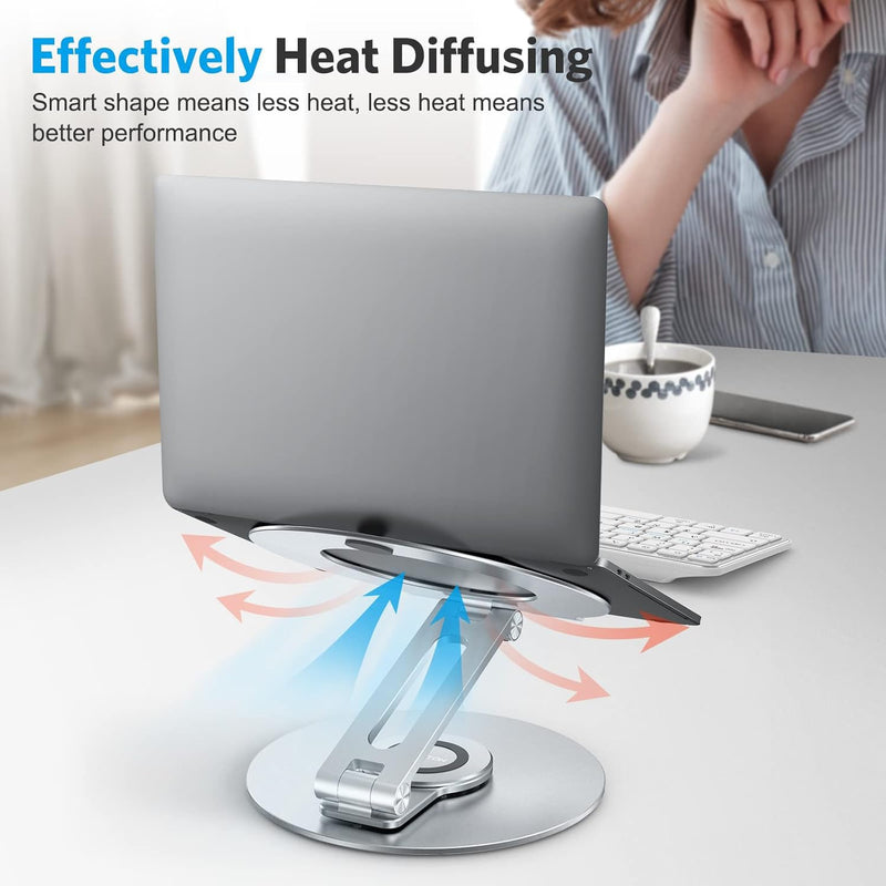 OMOTON Adjustable Laptop Stand with 360 Rotating Base, Ergonomic Laptop Riser for Collaborative Work, Dual Rotary Shaft Fully Foldable for Easy Storage, Fits All Laptops up to 16 inches, Silver