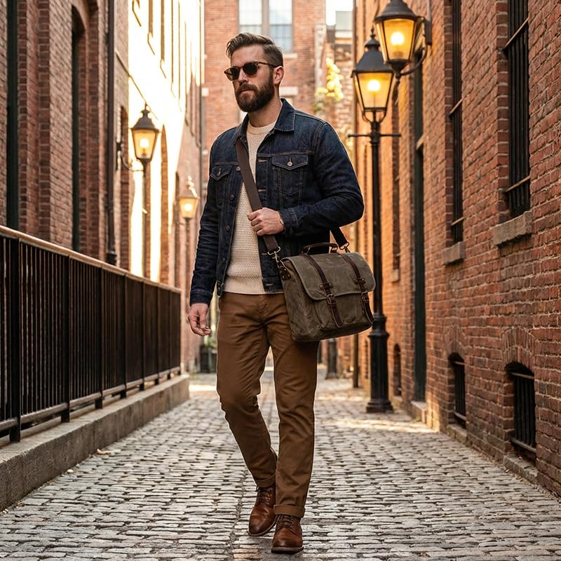 Messenger Bag for Men 15.6 Inch, Waterproof Waxed Canvas and Genuine Leather Briefcase, Vintage Shoulder Satchel, Business Laptop Bag for Work and Travel
