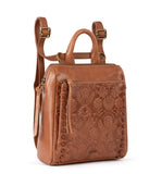 The Sak Loyola Mini Backpack in Leather, Convertible Design with Adjustable Strap, Tobacco Floral Embosseed