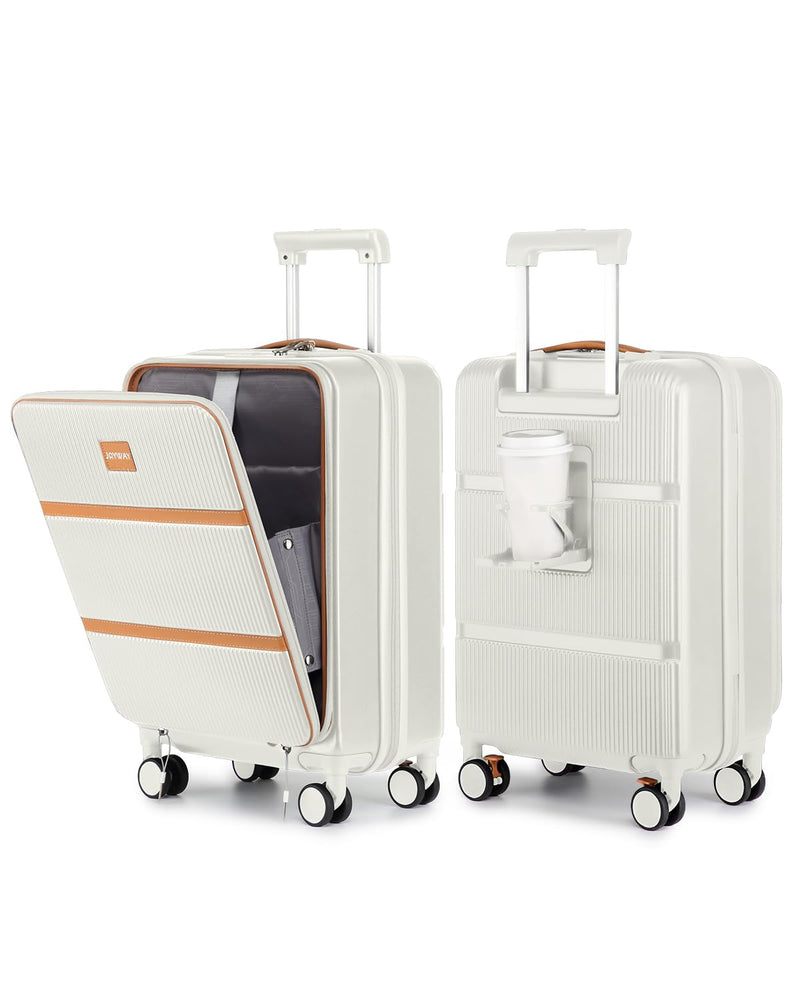 Joyway Carry on Luggage Airline Approved with Front Pocket, Hardside 20 Inch Travel Luggages with Cup Holder, Carry-on Suitcase with Spinner Wheels for Men and Women (White, 20 Inch)