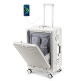 Faqy Z 20 Inch Aluminum Frame Carry On Luggage with Front Pocket, USB Port, Phone Holder & Cup Holder, Hard Shell Spinner Suitcase for Airplane Travel, White