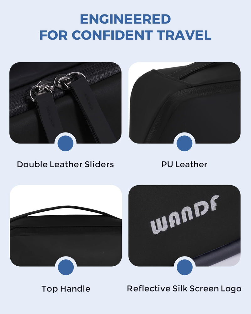 WANDF Toiletry Bag for Men, PU Leather Travel Organizer with Detachable Waterproof Hanging Pouch, Open-Flat Dopp Kit Shaving Bag with Wet Pocket for Travel Toiletries Accessories (Black)
