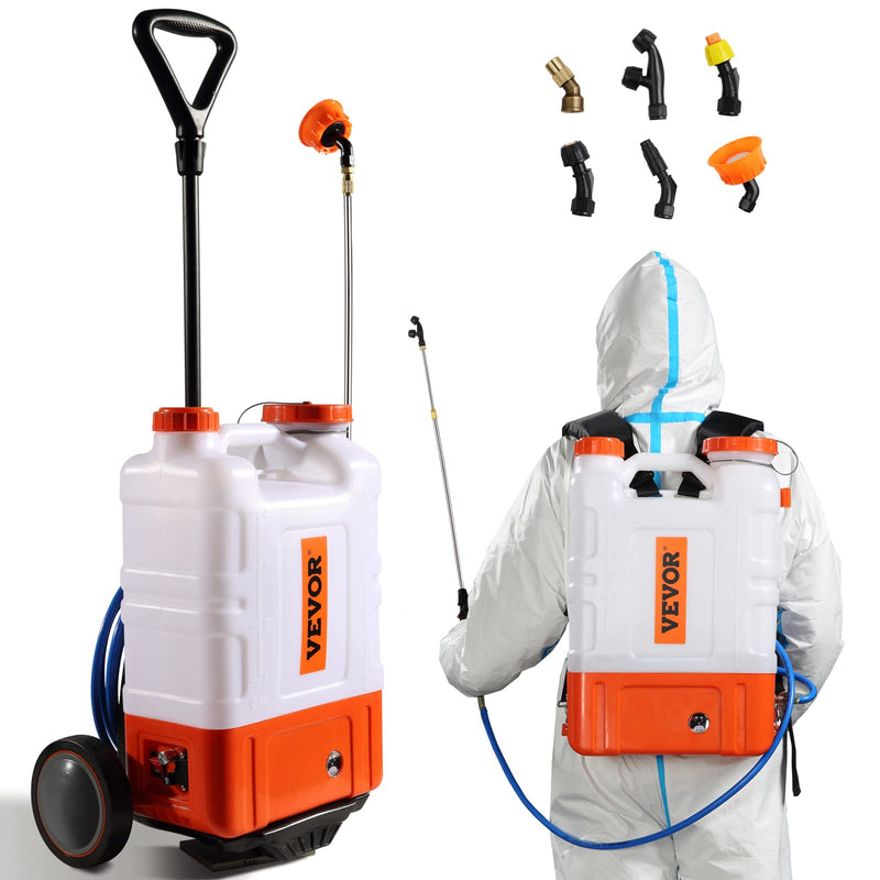 VEVOR 4 Gallon Battery Powered Backpack Sprayer with Wheeled Cart, Adjustable 0-94 PSI, 13FT Hose, 6 Nozzles, 2 Wands Included, Wide Mouth Lid for Weeding, Cleaning, Long Spray Time Without Fatigue