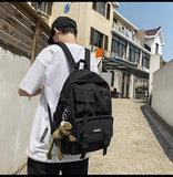 MININAI Aesthetic Backpack with Cute Frog Pendant for Women Men Preppy Laptop Backpack Japanese Harajuku College Backpack (Black,One Size)