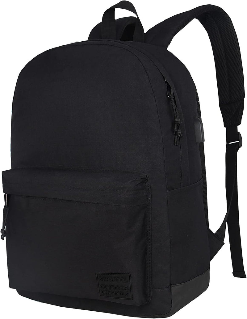 SUPACOOL Casual Laptop Backpack for Men and Women, Work backpack, Black Backpacks, College School Backpack for Boys and Girls, USB Charging Port, Lightweight Travel Back Pack(Black)