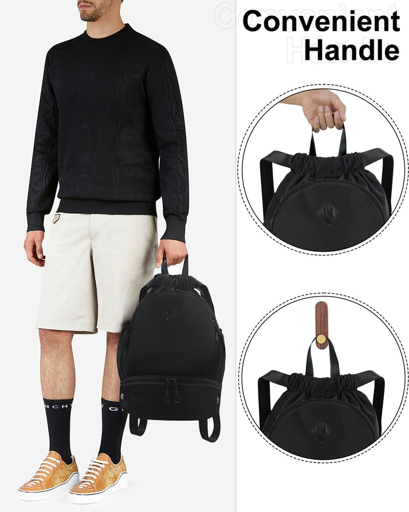 RHDZO Drawstring Backpack Gym Backpack with Shoe Compartment for Men Women String Sports Bag with Wet Pocket Cinch Swim Beach Bag, Black (Patent Pending)