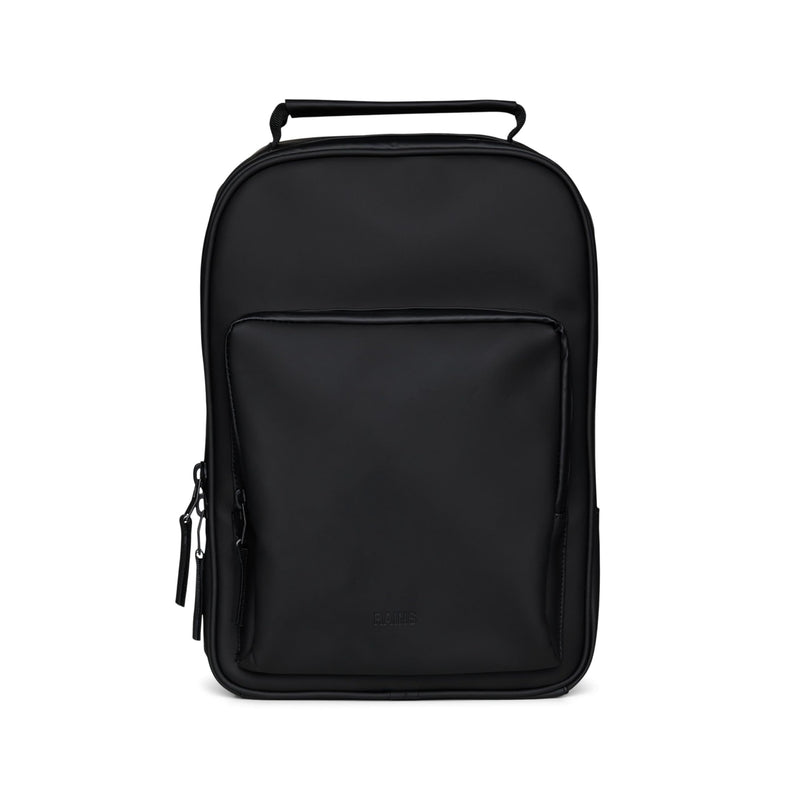 RAINS Book Daypack Large Black Laptop Backpack for Men and Women, Waterproof Black Minimalist Commuter Bag with 15”-16"