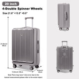 Gets Carry on Luggage Airline Approved,20 Inch Abs+Pc Hardshell Spinner Luggage With Cup Phone Holder and USB Charger,Front Pocket Durable Suitcase for Women Men-Grey