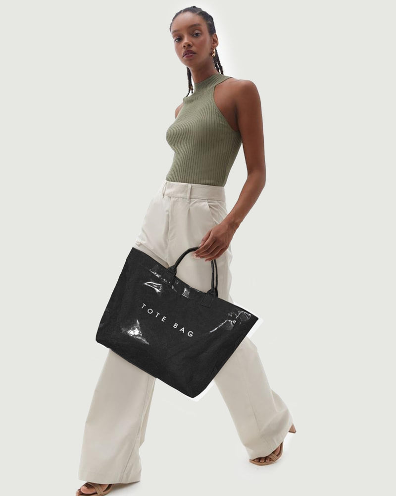 Lushandy PVC Tote Bag Women's Plastic Tote Purse Large Letters Print Hobo Handbag for Work, Beach, Gift (Black)