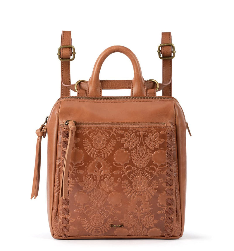 The Sak Loyola Mini Backpack in Leather, Convertible Design with Adjustable Strap, Tobacco Floral Embosseed