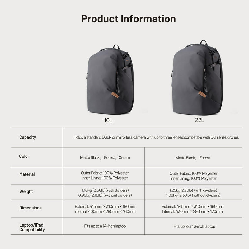 PGYTECH OneGo Lite 16L Camera Backpack Water-Resistant DSLR/Mirrorless Bag for Sony/Canon/Fujifilm, Drone Backpack, Tripod Mount Travel & Weekend Photography Pack for 14" Laptop (Matte Black)