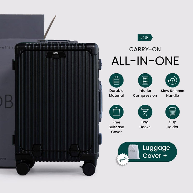 Nobl Travel Carry On Luggage, Noble Zipperless Aluminum Frame, 22.5x15x9.5, 360 Degree Spinner Wheels, TSA Locks, USB Charging Port, Cup & Phone Holder - Jet Black