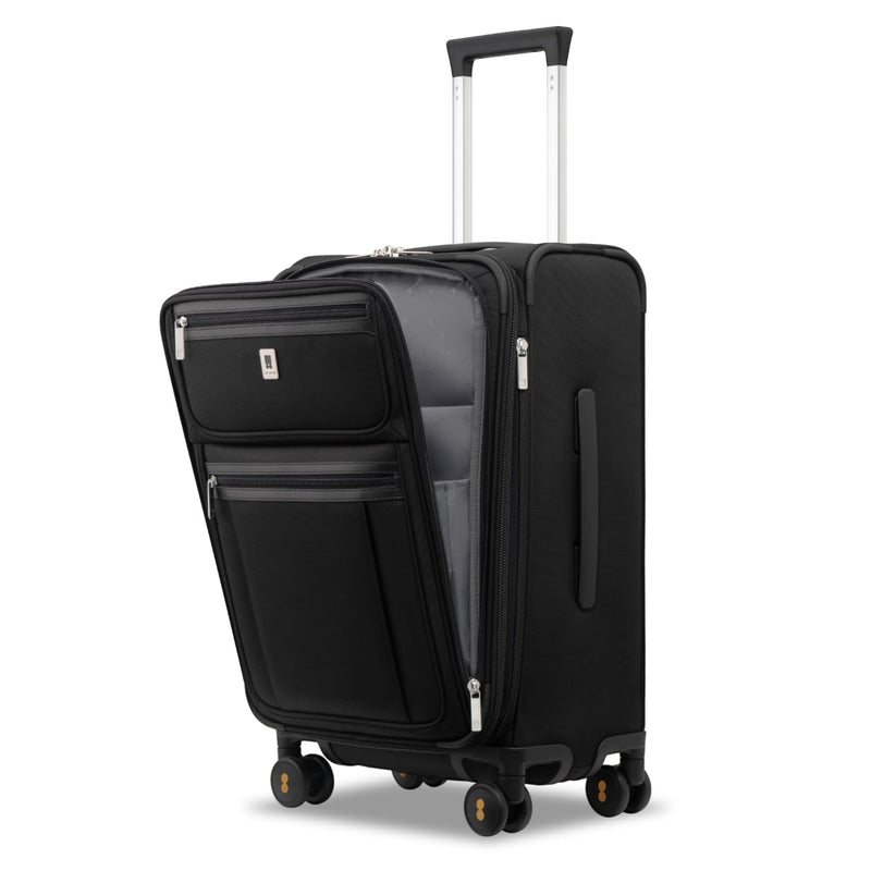 LEVEL8 Carry On Luggage Airline Approved with Compartment, Softside Expandable Rolling Suitcase with Spinner Wheels, Black, Carry-On 20-Inch