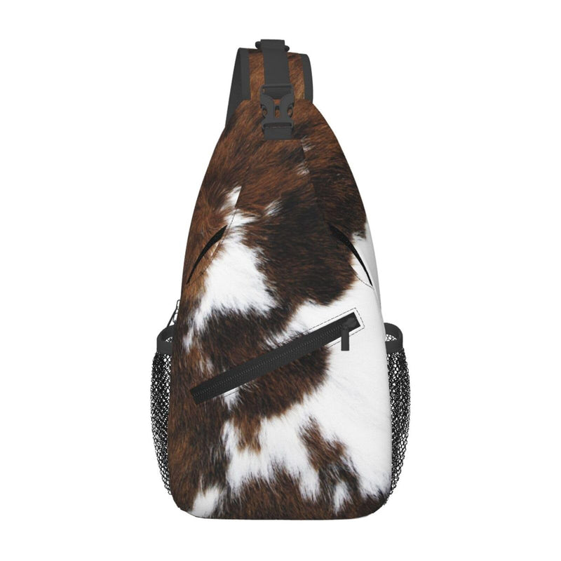 SURERUIM Cow Print Sling Bag Spotted White and Brown Animal Skin Texture Crossbody Backpack Western Farmhouse Cowhide Pattern Chest Shoulder Bag Casual Gym Sports Travel Hiking Daypack for Women Men