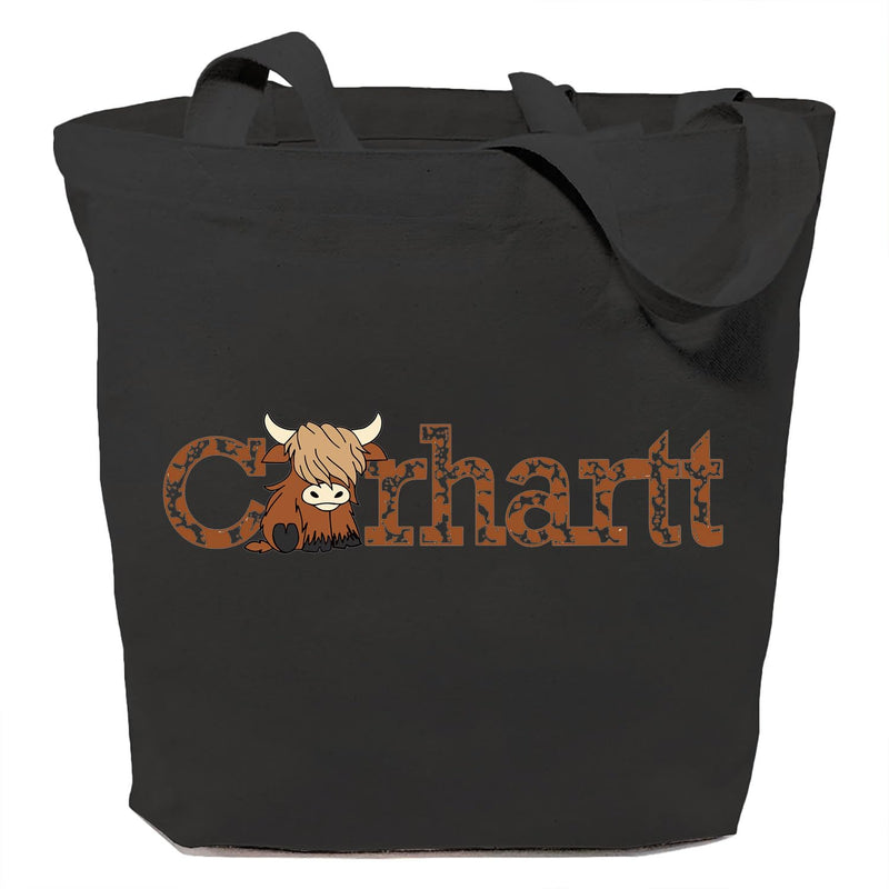SAUIVD Women's Funny CarHartts Canvas Tote Bag Cute Cow Letter Print Casual Reusable Grocery Shopping Canvas Bags