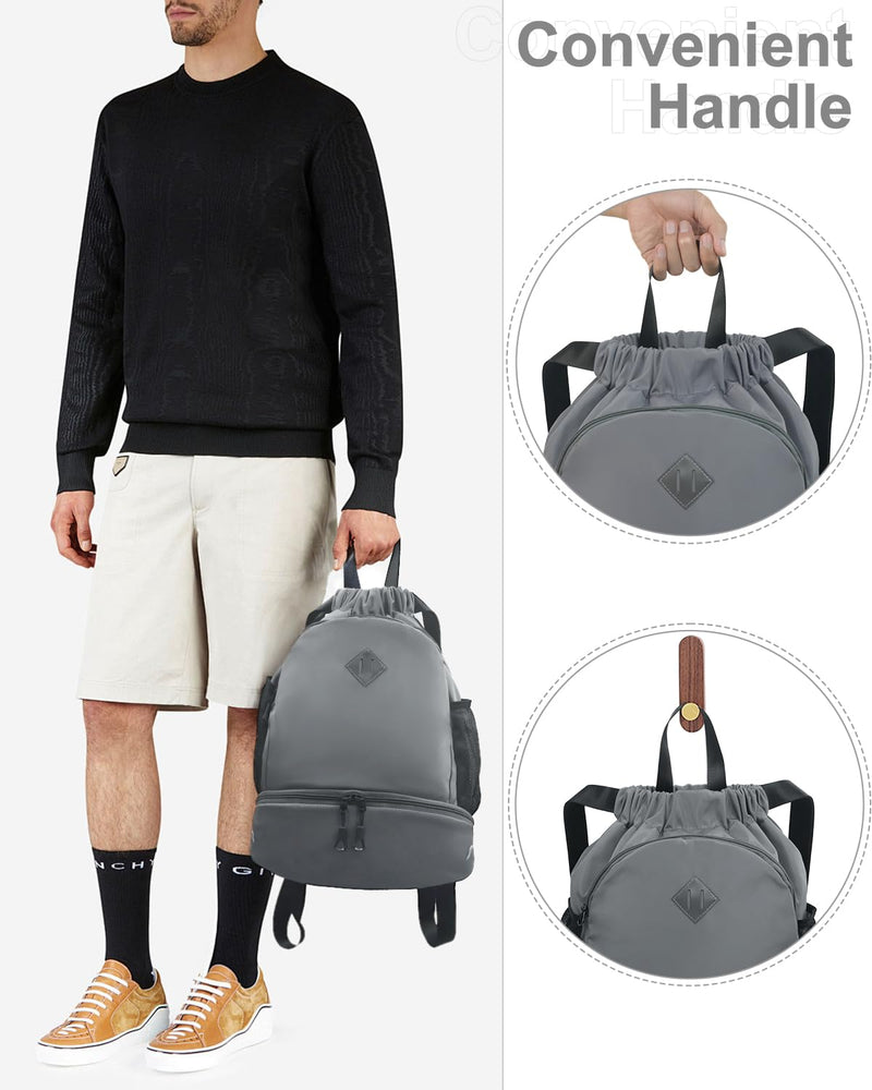 RHDZO Drawstring Backpack Gym Backpack with Shoe Compartment for Men Women String Sports Bag with Wet Pocket Cinch Swim Beach Bag, Gray (Patent Pending)