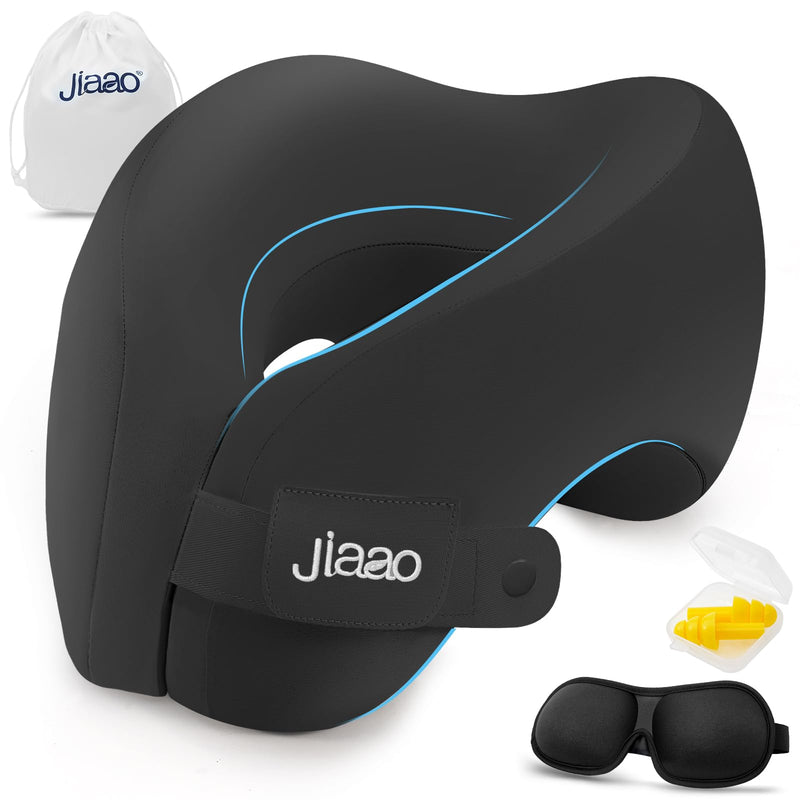 jiaao Travel Pillow Memory Foam Neck Pillow for Airplanes with Adjustable Neck Support, Includes Eye Mask, Earplugs & Storage Bag - Perfect for Flights, Road Trips, and Trains