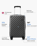 LUGGEX Carry On Luggage 22x14x9 Airline Approved, KVC Expandable Polycarbonate Hard Shell Suitcase for Travelling (EX-Core, Charcoal Metallic, 20 Inch, 40L-44L)