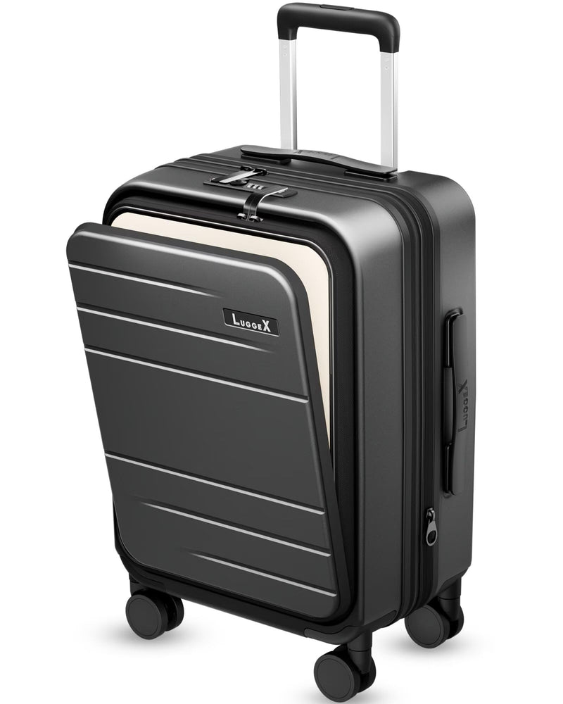 Carry On Luggage 22x14x9 Airline Approved, FLO5 Expandable Polycarbonate Suitcase with Front Pocket (FX-Core, Black, 20 Inch)