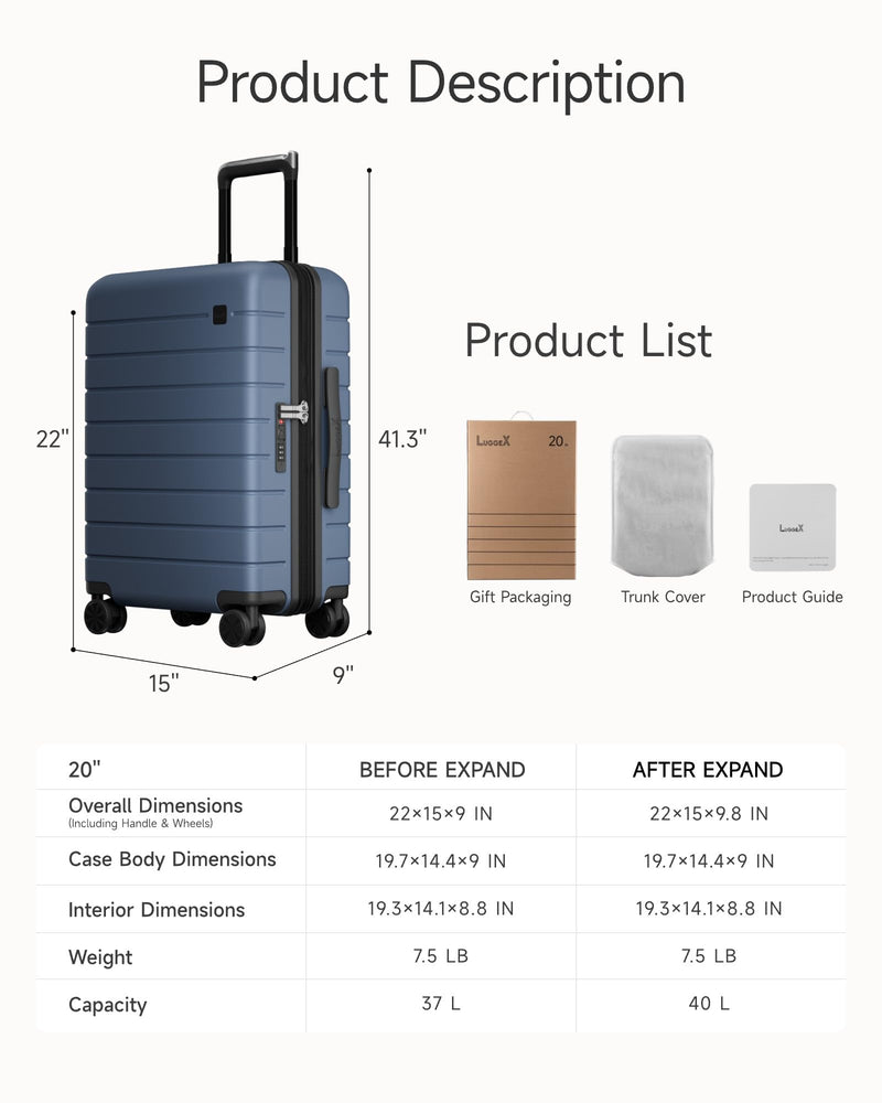 LUGGEX Carry On Luggage with Spinner Wheels - 20 inch Expandable Hard Shell Suitcases - Accelerate Access with DiHook, Handy Pouch, Blue