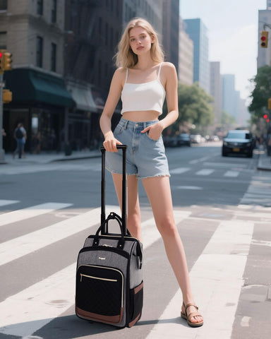 Rolling Backpack for Women, Travel Backpack with Wheels, Vertical Storage Wheeled Laptop Backpack, Underseat Carry on Luggage for College Business Work, Stylish Rolling Laptop Bag, Grey Brown