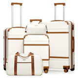 LONG VACATION Luggage Sets 5 Piece, Suitcases With Wheels, PC+ABS Hardshell Luggage Set with Spinner Wheels, TSA Lock (White Brown)