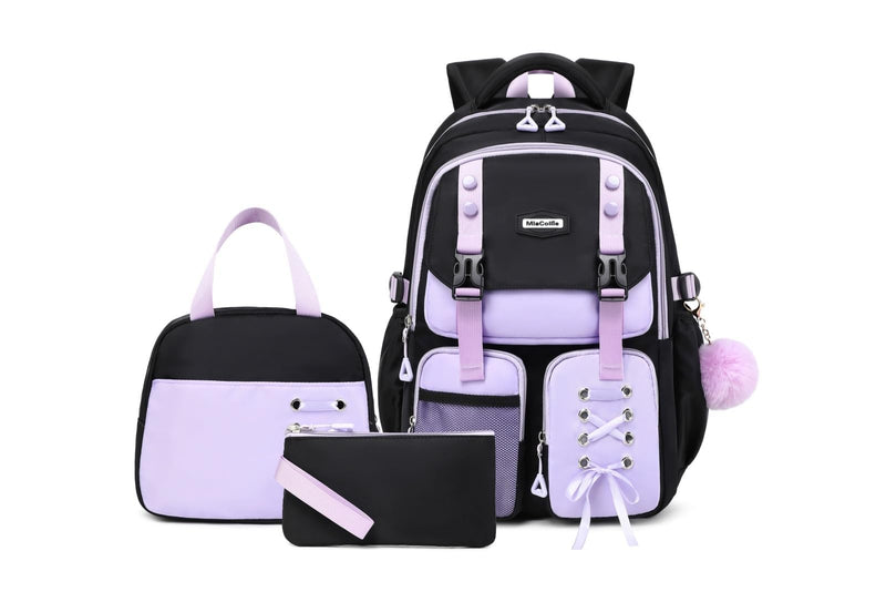 Miacollie Girls Backpack with Lunch Box and Pencil,Travel Daypack Cute backpack for Teens Girls Women Students (Black & Purple)